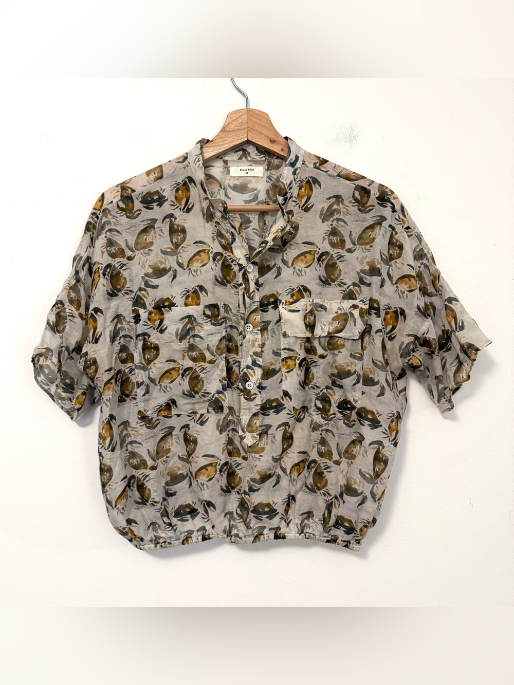 Billy Reid Crab Print Cotton Silk Blouse XS Oversized Dolman Coastal Shirt